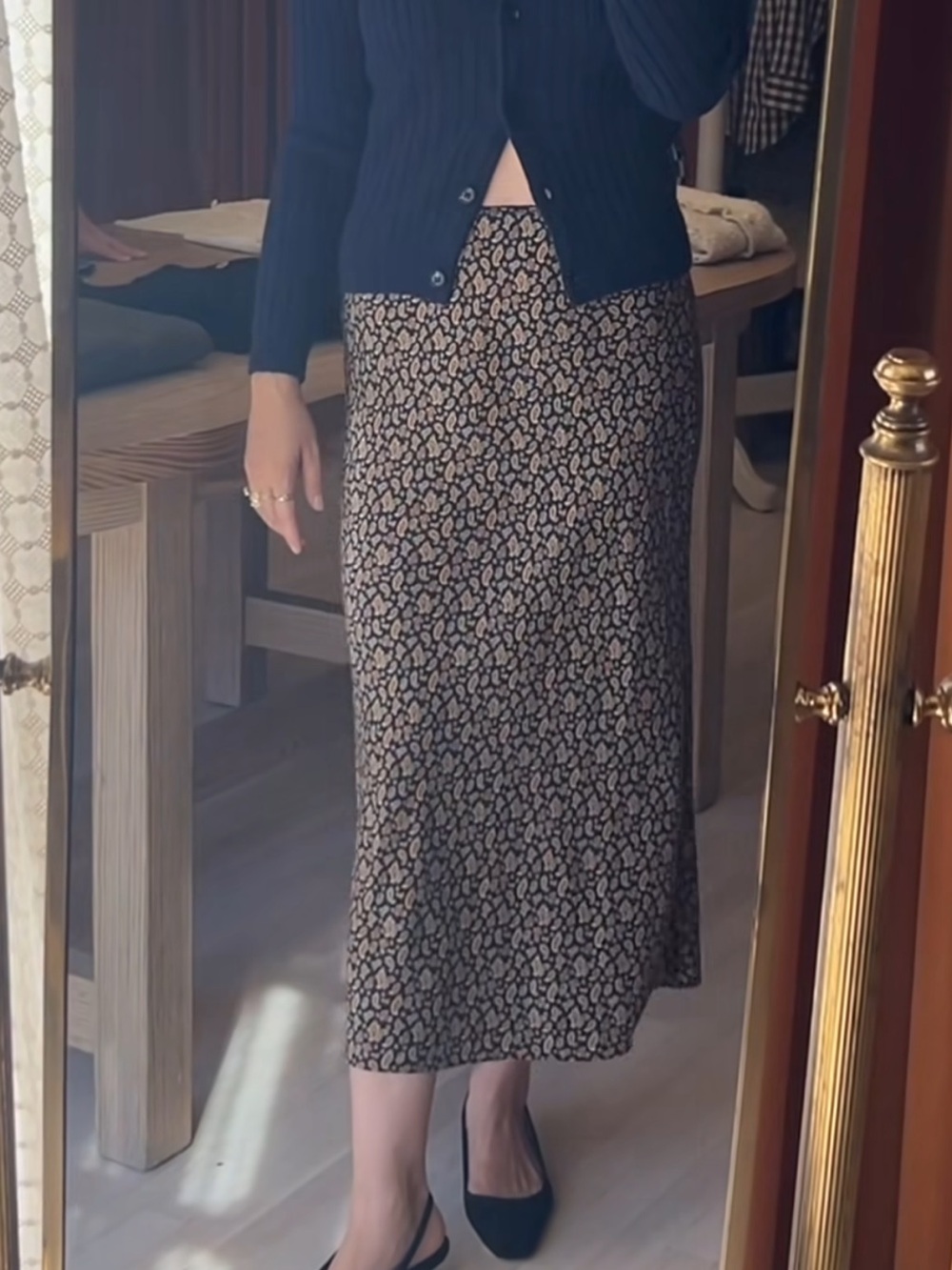 Doen Black A-Line Skirt with Tan Floral Print